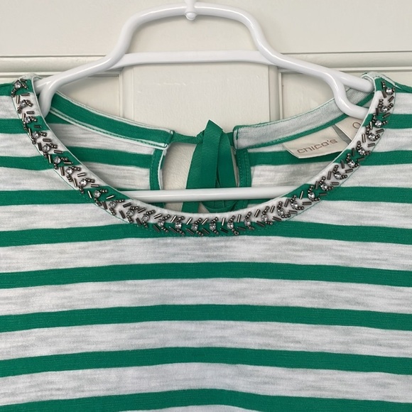 CHICO’S shirt size S (Chico’s size 0) green white striped cotton blend - Picture 3 of 7